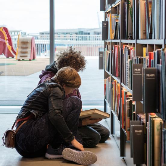 To personer kigger på bøger i faglitteratur sektion.