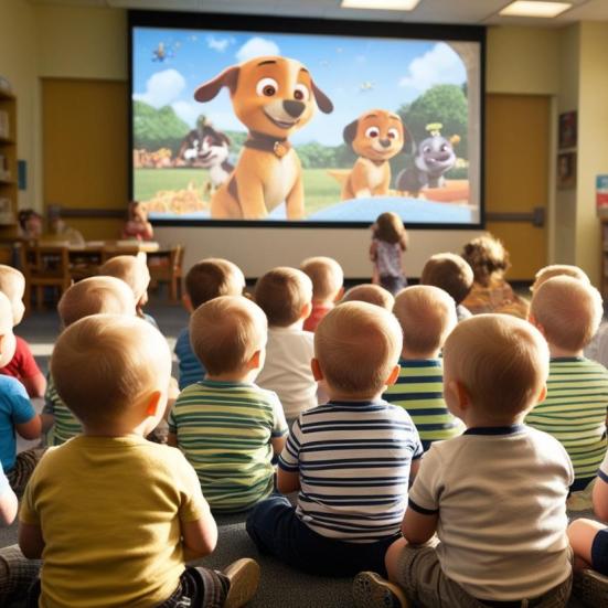 Børn ser film på stor skærm på bibliotek