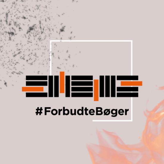 grafik med lyserød baggrund, flammer og logo for kampagnen #forbudtebøger