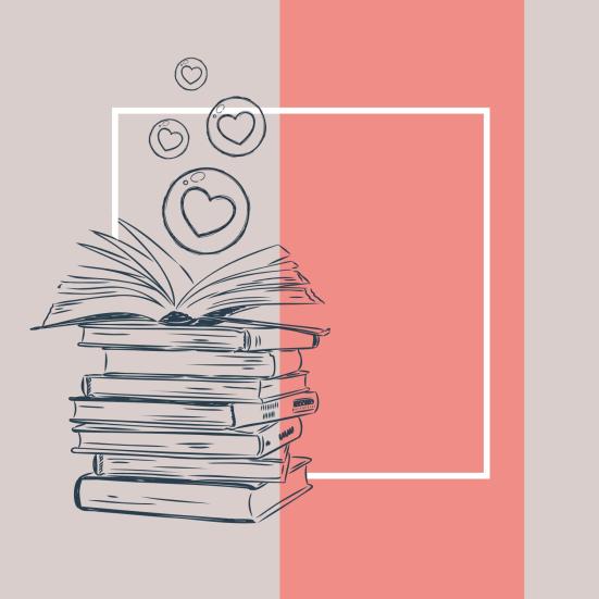 Illustration af en stak bøger med en åben bog øverst og hjertebobler over.