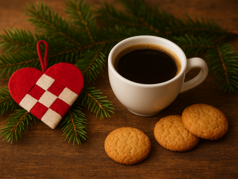 Et julehjerte, en kop kaffe, lidt gran og nogle småkager