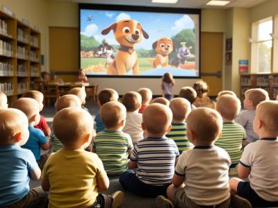 Børn ser film på stor skærm på bibliotek