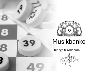 Foto af bankoplade, af højttalere og af rødder - med teksten: Musikbanko - tilbage til rødderne