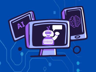 Grafisk illustration af computer, tablet og telefon der på hver sin skræm viser hhv, en robot, teksten AI og omridset af en hjerne.