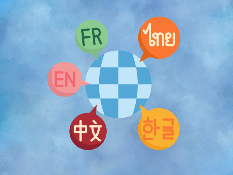 Klode med talebobler på mange sprog