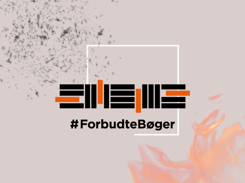 grafik med lyserød baggrund, flammer og logo for kampagnen #forbudtebøger