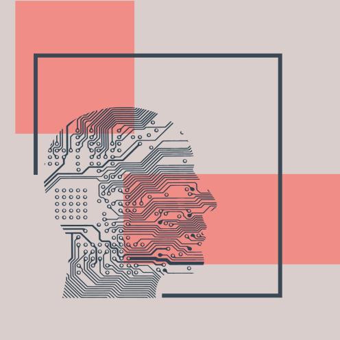 Grafisk illustration af en menneskeprofil med printplade-mønster på en baggrund af farvede felter.