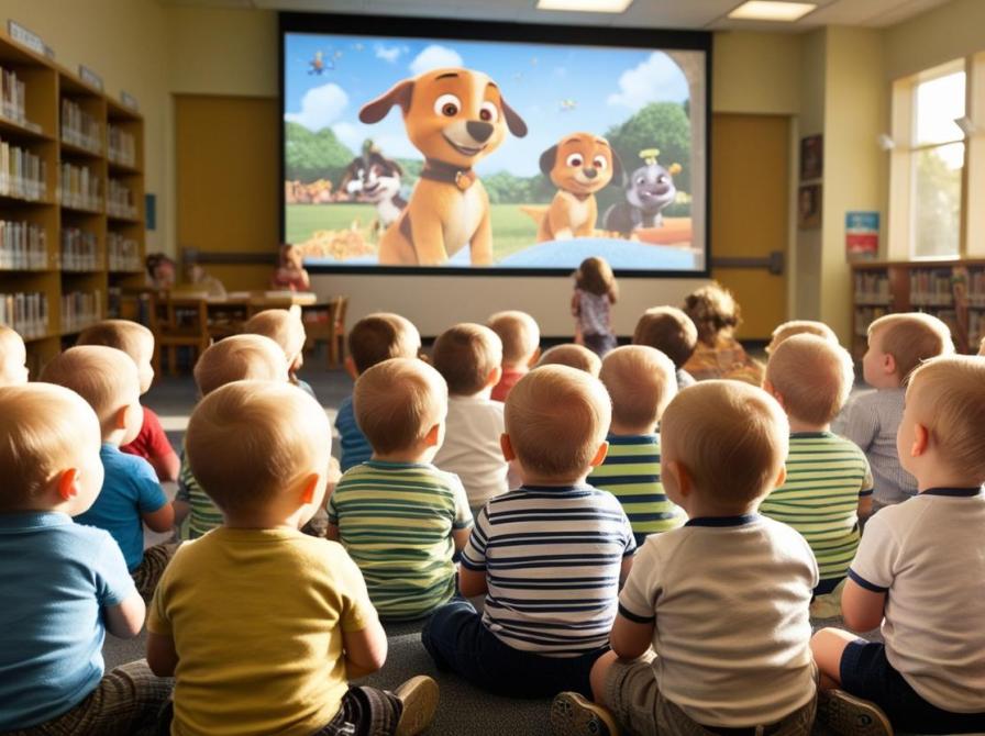 Børn ser film på stor skærm på bibliotek