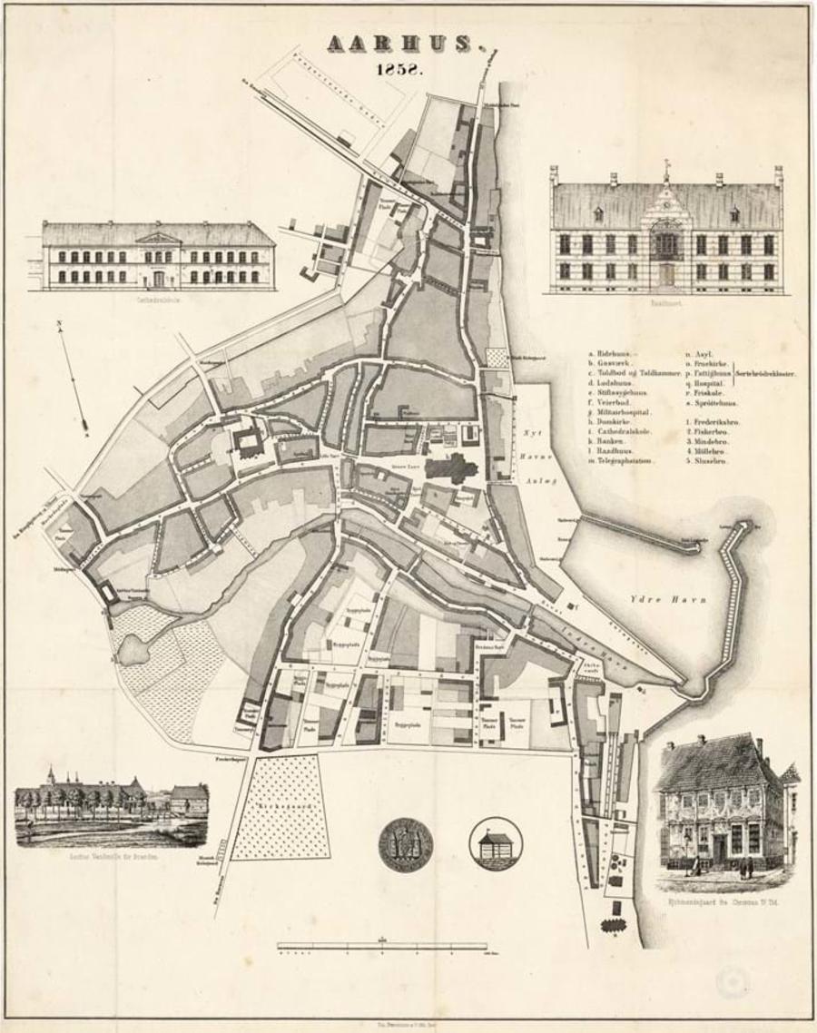 Billedet viser et kort over købstaden Aarhus i 1858 fra den første udgave af Trap Danmark