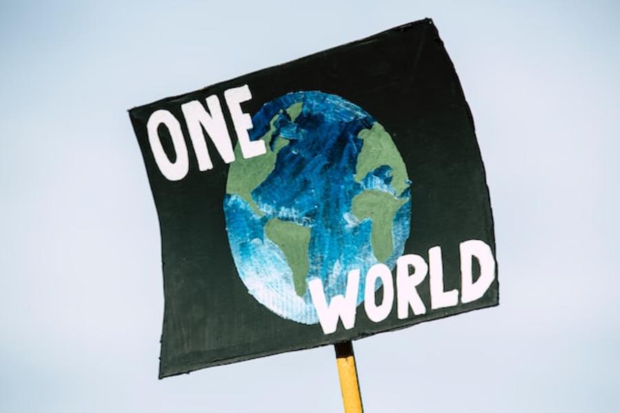 Skilt fra en demonstration med teksten: One world