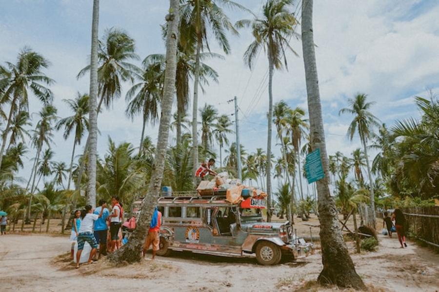 Bus og mennesker i palmeplantage